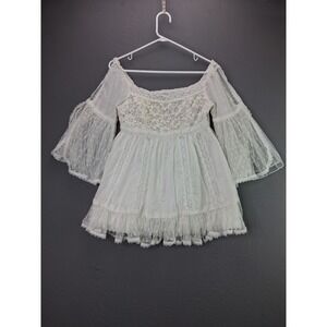 Freeway Boho Peasant Top Large White Crochet Lace Bell Sleeve Swiss Dot Blouse